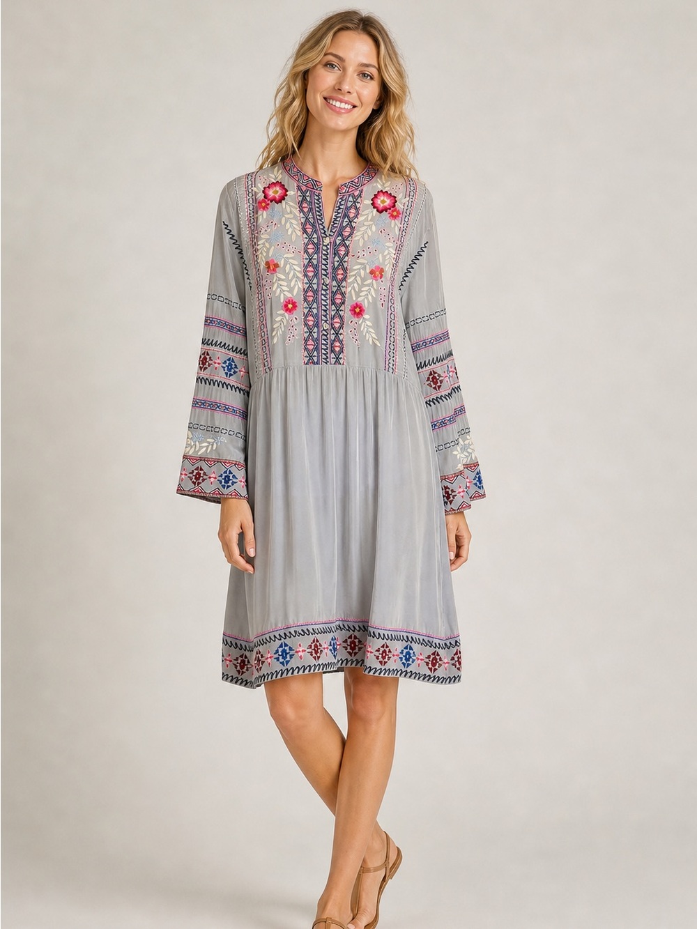 Johnny Was BIYA Ellie Embroidered Silk Dress Gray Boho Tunic M
